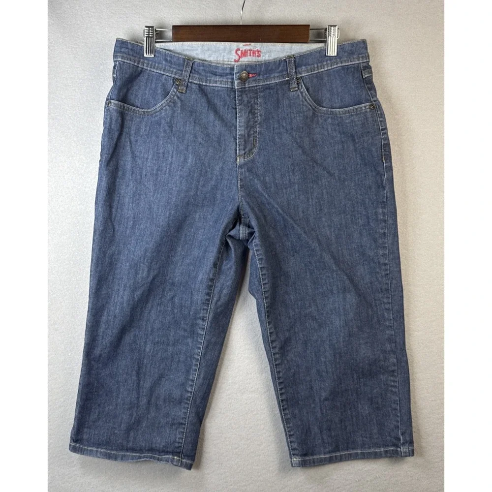 Smiths Dungarees Capri Jeans Women Size 12 Blue Denim Crop Stretch Coastal Vacay - Picture 2 of 13